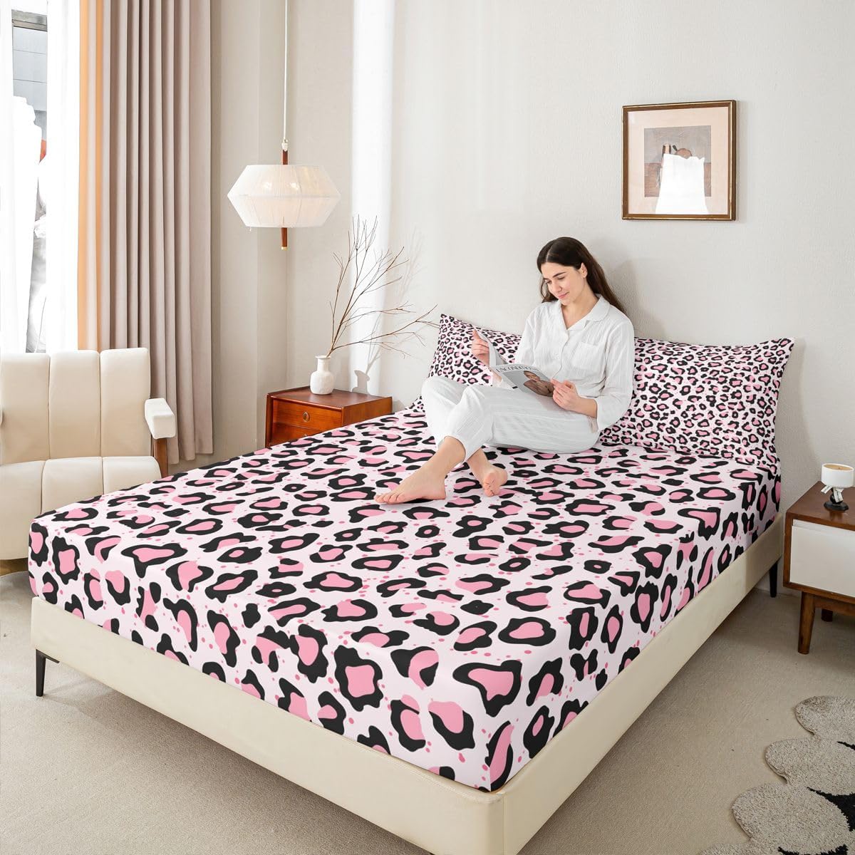 Erosebridal Pink Leopard Print Bed Sheets Full Cheetah Print Sheet Set, Farmhouse Wild Animal Soft Lightweight Bedding Set, Africa Animal Wildlife Fitted Sheet with Deep Pocket