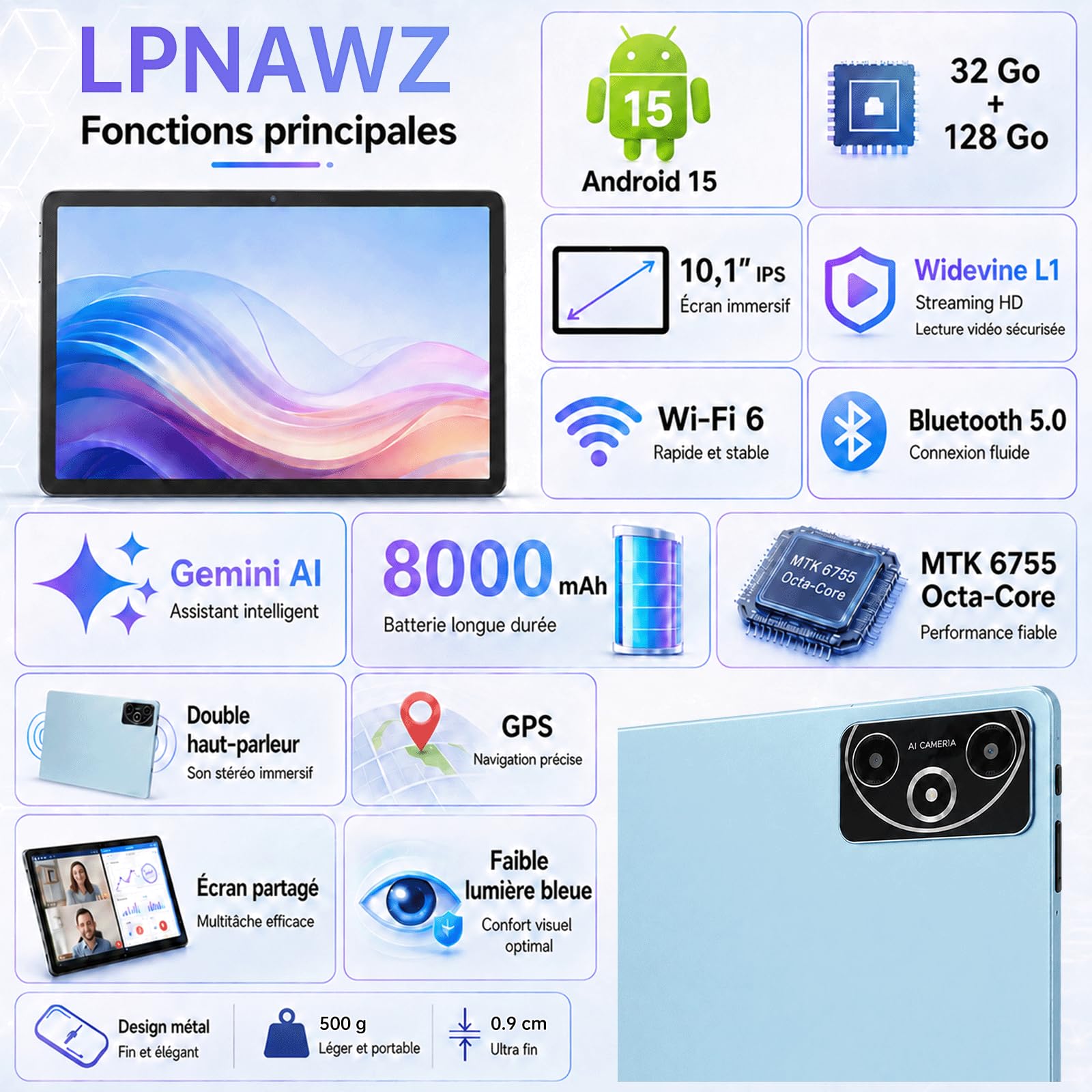 2026 Dernier Android 15 Tablette 10 Pouces Tablette, 32Go RAM+128Go ROM (2To TF), Octa-Core 2.0GHz, /GPS/WideVine L1/5G WIFI/1920 * 1080/8000mAh, Pour l'étude de Ciné-télé Tablettes tactiles - Bleu