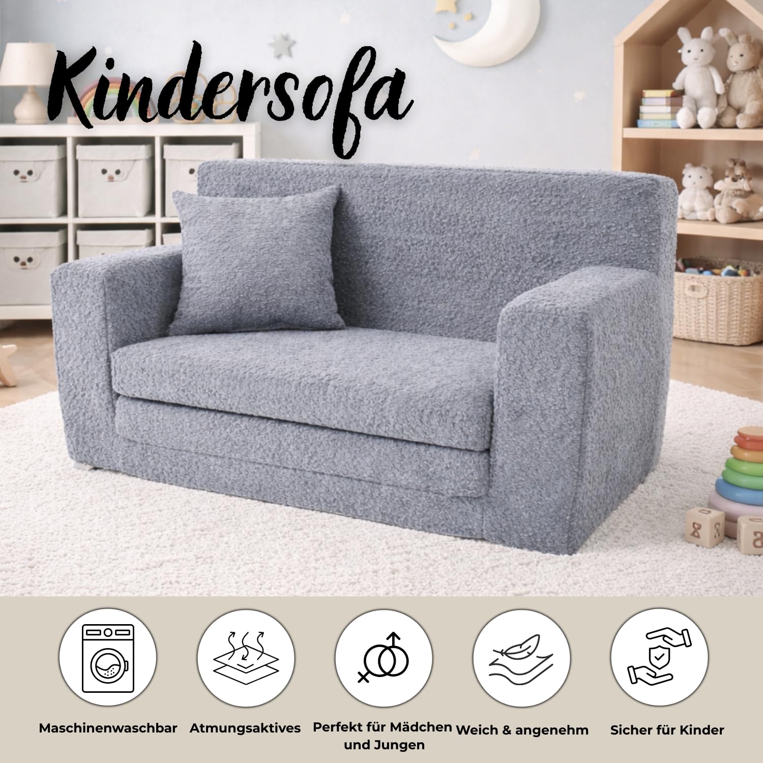 FORTISLINE Kindersofa aus Teddy-Stoff, ausklappbar, 83x43x47 cm, Kindercouch aus Schaumstoff mit abnehmbarem Bezug, Oeko-TEX, hergestellt in der EU, Grau
