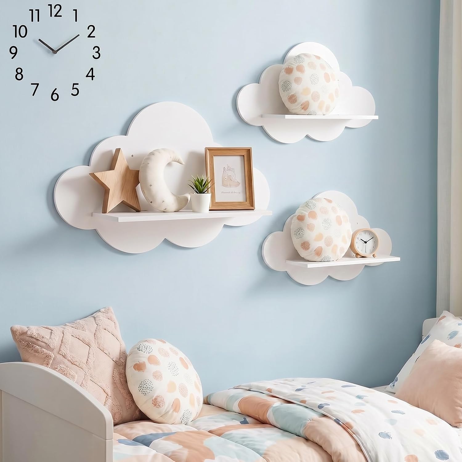 3 Pcs Floating Cloud Shelves for Wall, 3 Sizes Floating Shelves White Wavy Wooden Wall Decor for Nursery, Living Room, Bedroom, Kids Room