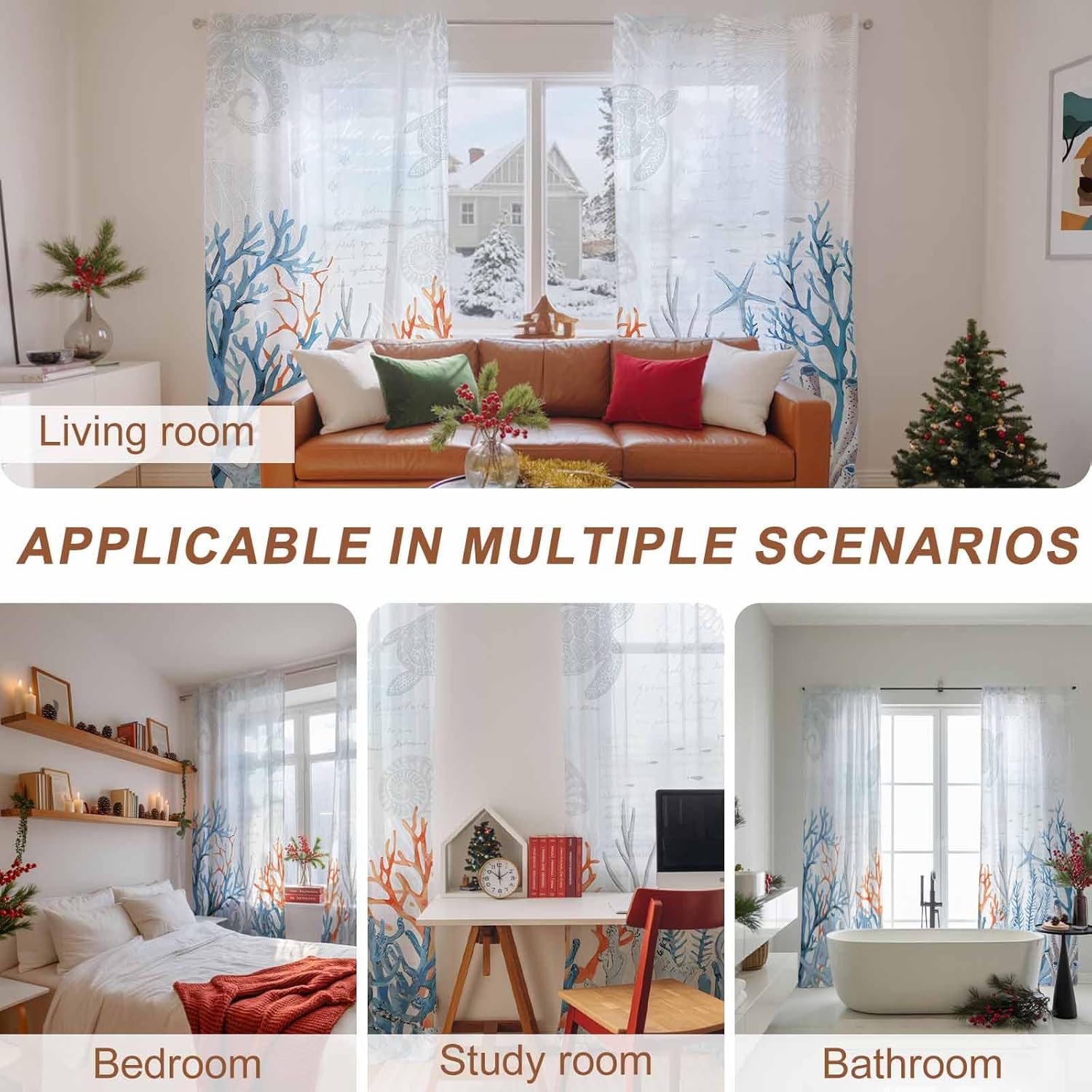 Coastal Blue Coral Sheer Curtains 84 Inch Length 2 Panels Set for Living Room/Bedroom, Semi Curtain Sheers Drapes Rod Pocket Curtains Window Treatment Set 52x84x2 Vintage Summer Octopus Starfish Shell