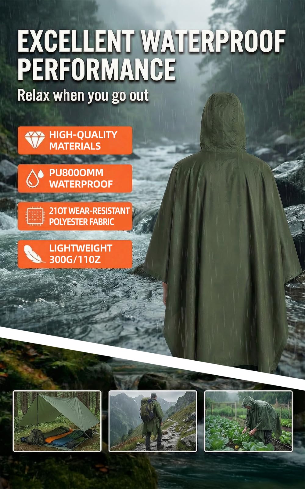 Wasserdichter Regenponcho, Leicht Atmungsaktiv Regencape, Unisex Regencape mit Kapuze, 3-in-1-Multifunktional Regenmantel Regenschutz Regen Poncho für Wandern, Camping, Angeln, Fahrrad