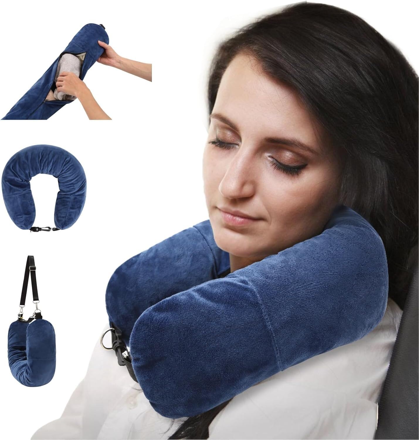 Nackenkissen Auto Nackenkissen Reise Stuffable Reisekissen Plüsch Nackenkissen Mit Abnehmbarem Schultergurt Kleideraufbewahrung Travel Essentials(Blue)