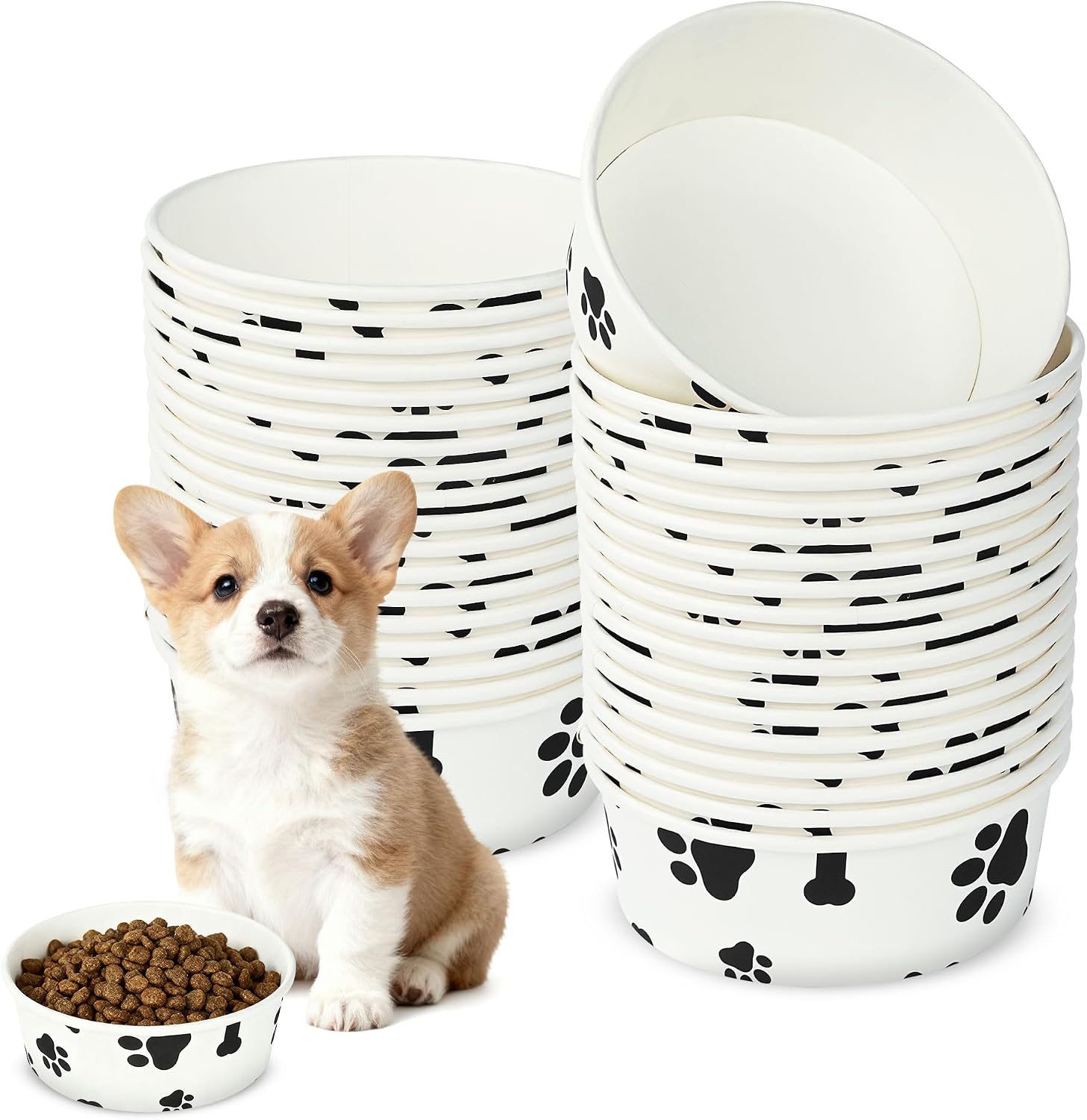 Disposable Pet Food Bowls, Cute Patterns (100-PACK) | White Thickened Pet Bowls in Bulk, Suitable for Dry/Wet Food, Kittens, Puppies