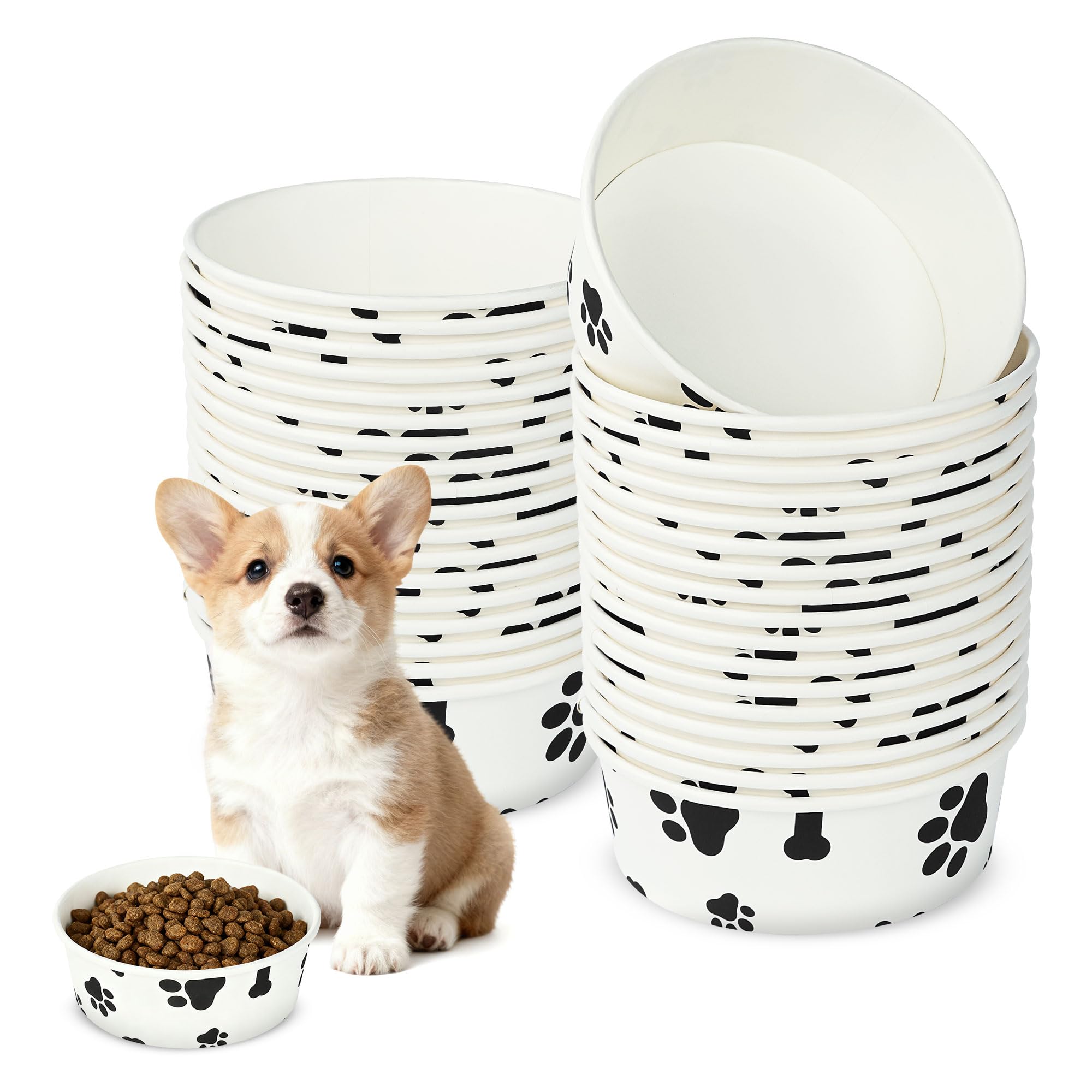 Lomgwumy Disposable Pet Bowls, White Thickened Pet Food Paper Bowls With Cute Pattern, Suitable For Wet And Dry Food, Puppy, Kitten (50-PACK)