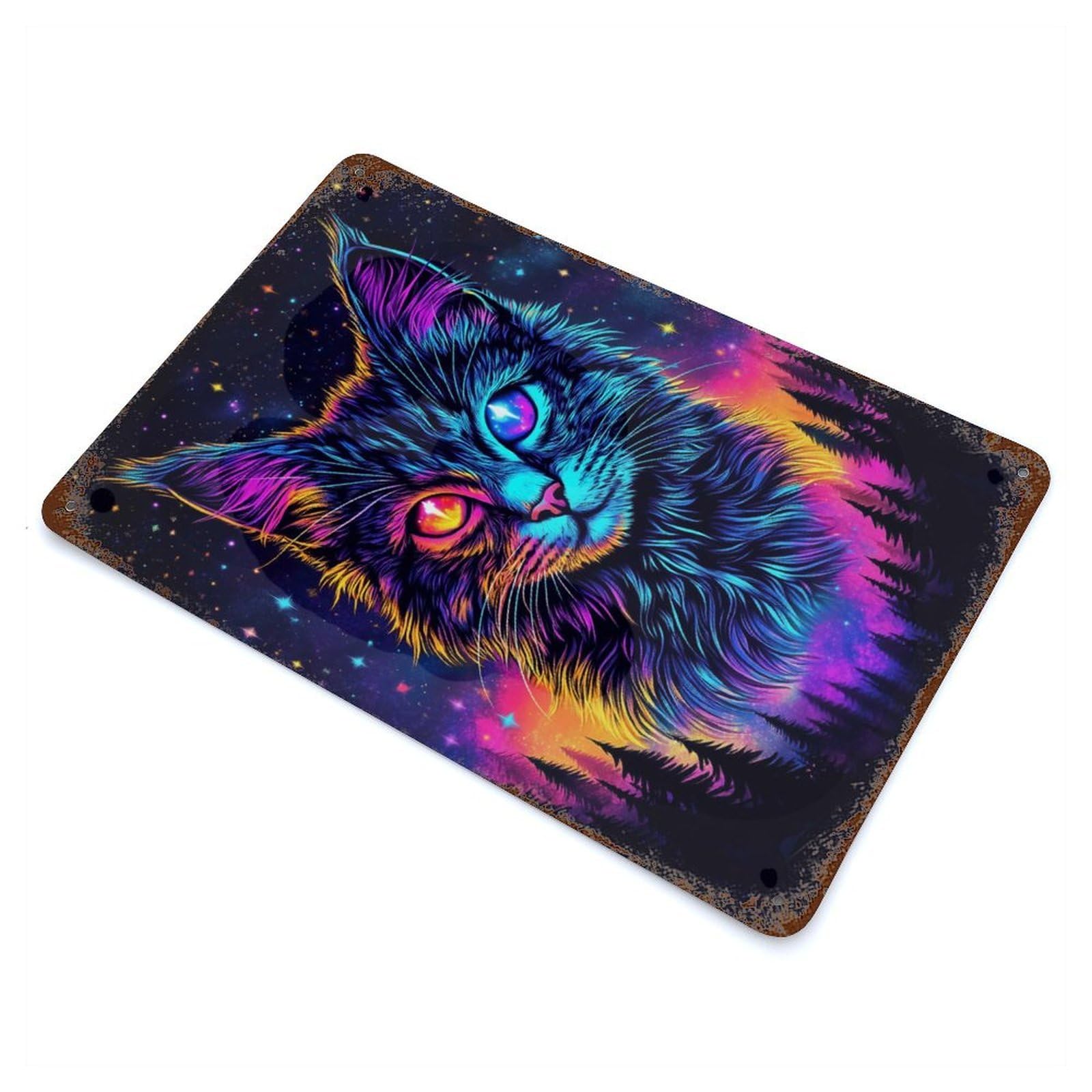Cosmic Cat Rustic Tin Plaque 11.8"x7.9", Industrial Home Decor for Pub, Kitchen And Man Cave Decor