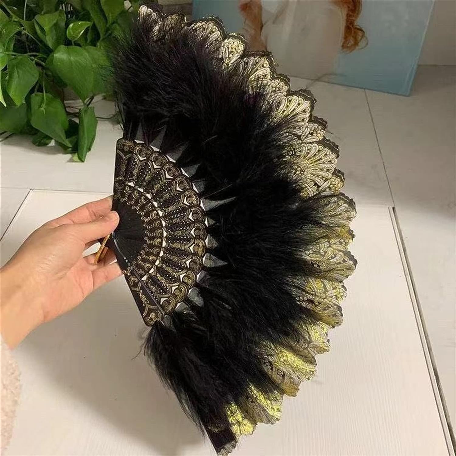 ROHCGHC folding fan, Handheld Feather Fan,Vintage Folding, Dance Hand with Pendant Gift Wedding Party Decoration(Black)