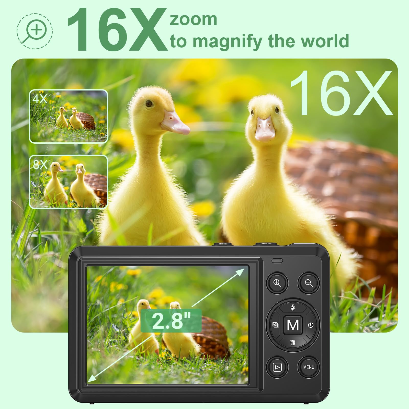 Fotocamera digitale 4K 64 MP con scheda micro SD, messa a fuoco automatica, zoom digitale 16x, fotocamera compatta portatile con batteria da 1200 mAh, cavo USB, per adolescenti, adulti e principianti