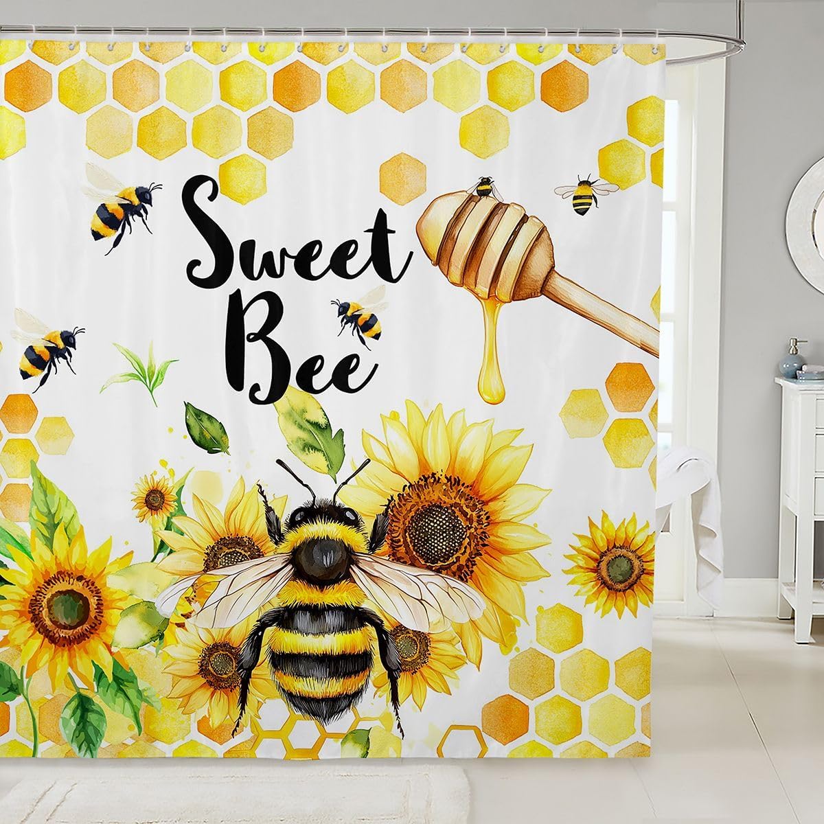 Feelyou Yellow Bee Shower Curtain for Girls Boys Honeycomb Bee Bathroom Shower Curtain Set Queen Bee Wooden Texture Bath Curtain Cute Bee with Flower Kids Bathroom Accessories 72"x78"