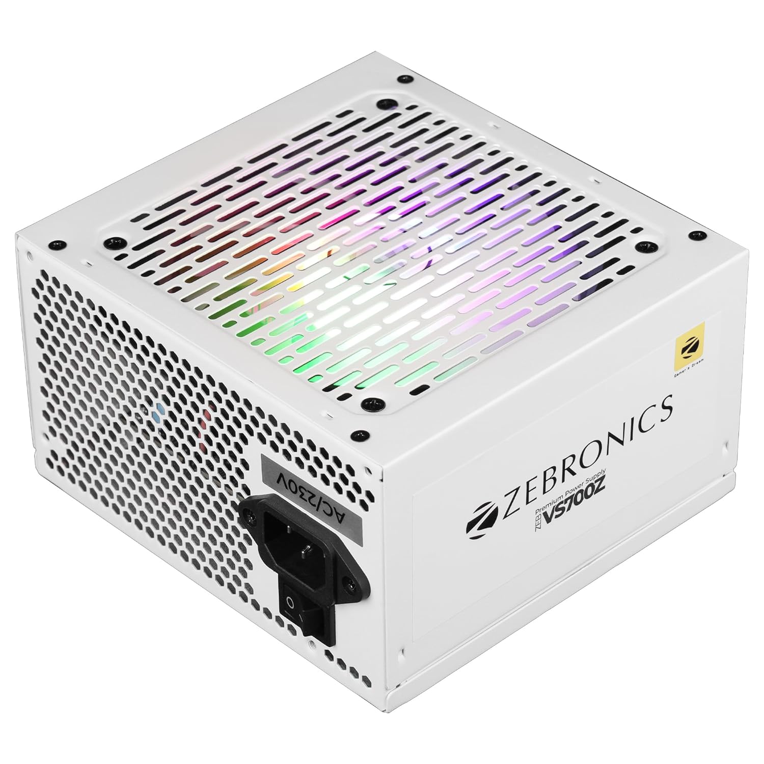 ZEBRONICS VS700Z, Premium Power Supply, Silent 120mm RGB Fan, Long Flat Cables, 12V 52A, PCIe x 1, MOLEX x 2, SATA x 4, 8 Pin PCIe, Over Voltage | Over Current | Short Circuit Protection (White)