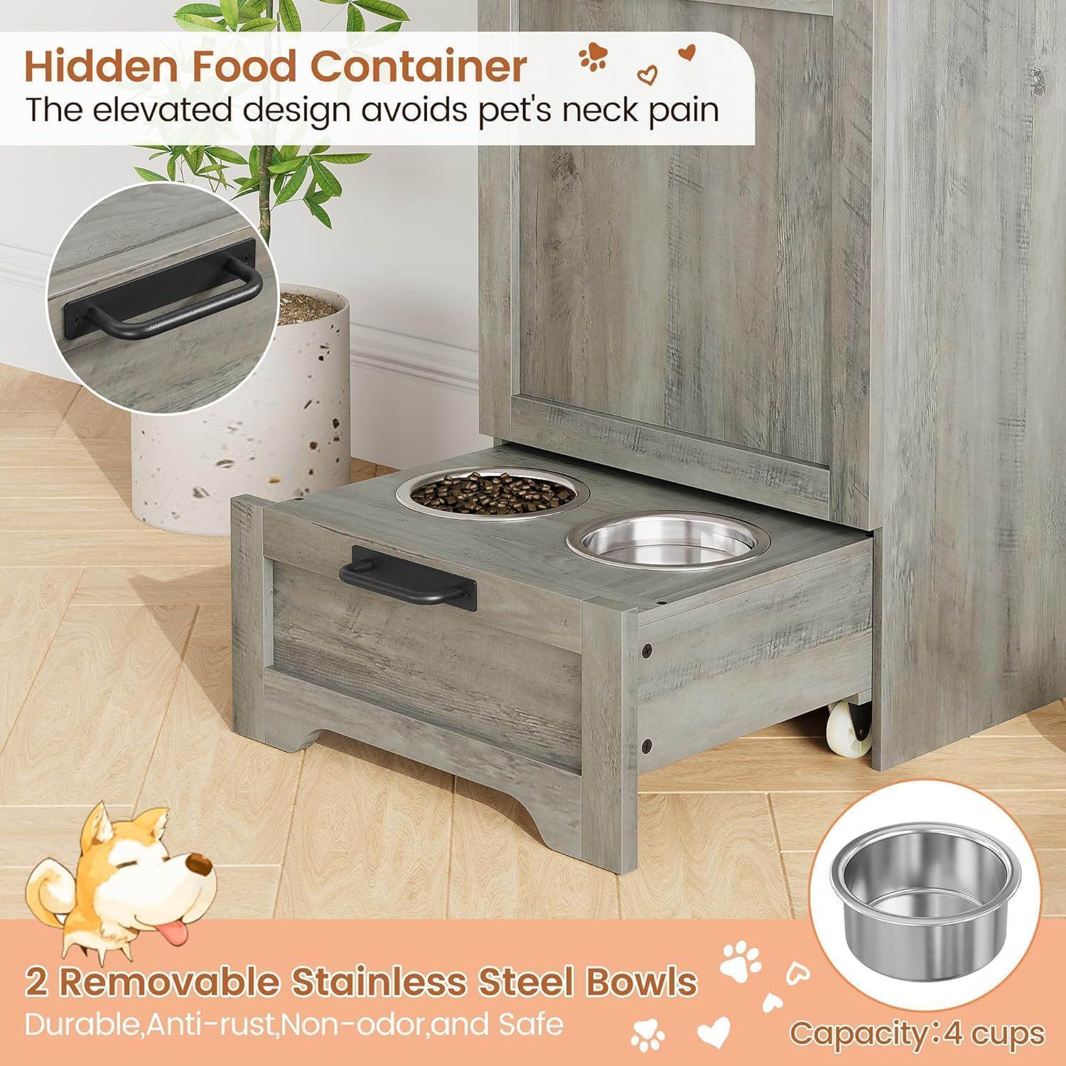 Station d'alimentation pour Chien, Meuble d'armoire Alimentaire avec 2 gamelles surélevées pour Chien, Couvercle Rabattable, Grand Espace pour Nourriture Et Jouets–Meuble en Bois élégant