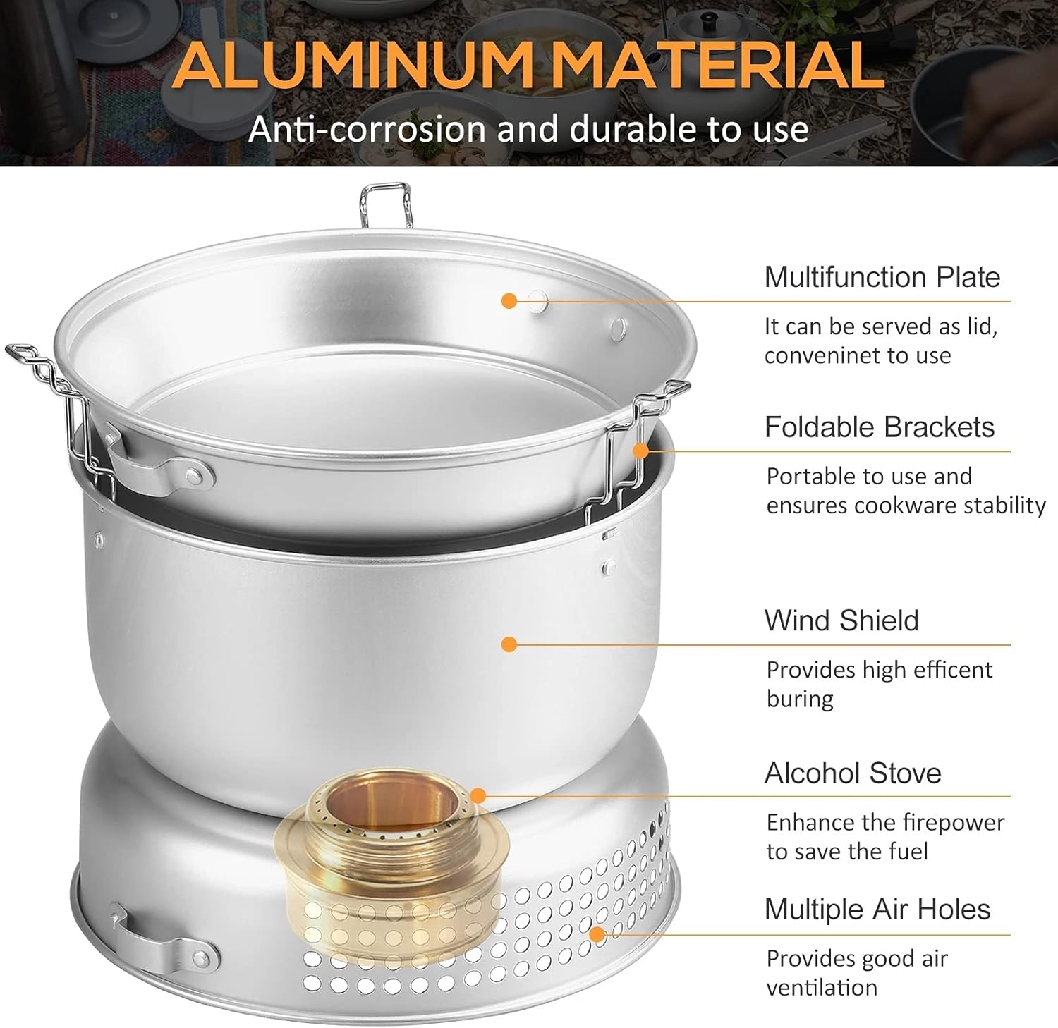 Camping Stove Kit Portable Camping Dish Plates Pots Water Kettle Stove Hand Vice Outdoor Camping Cooking Set for 2-3 Persons