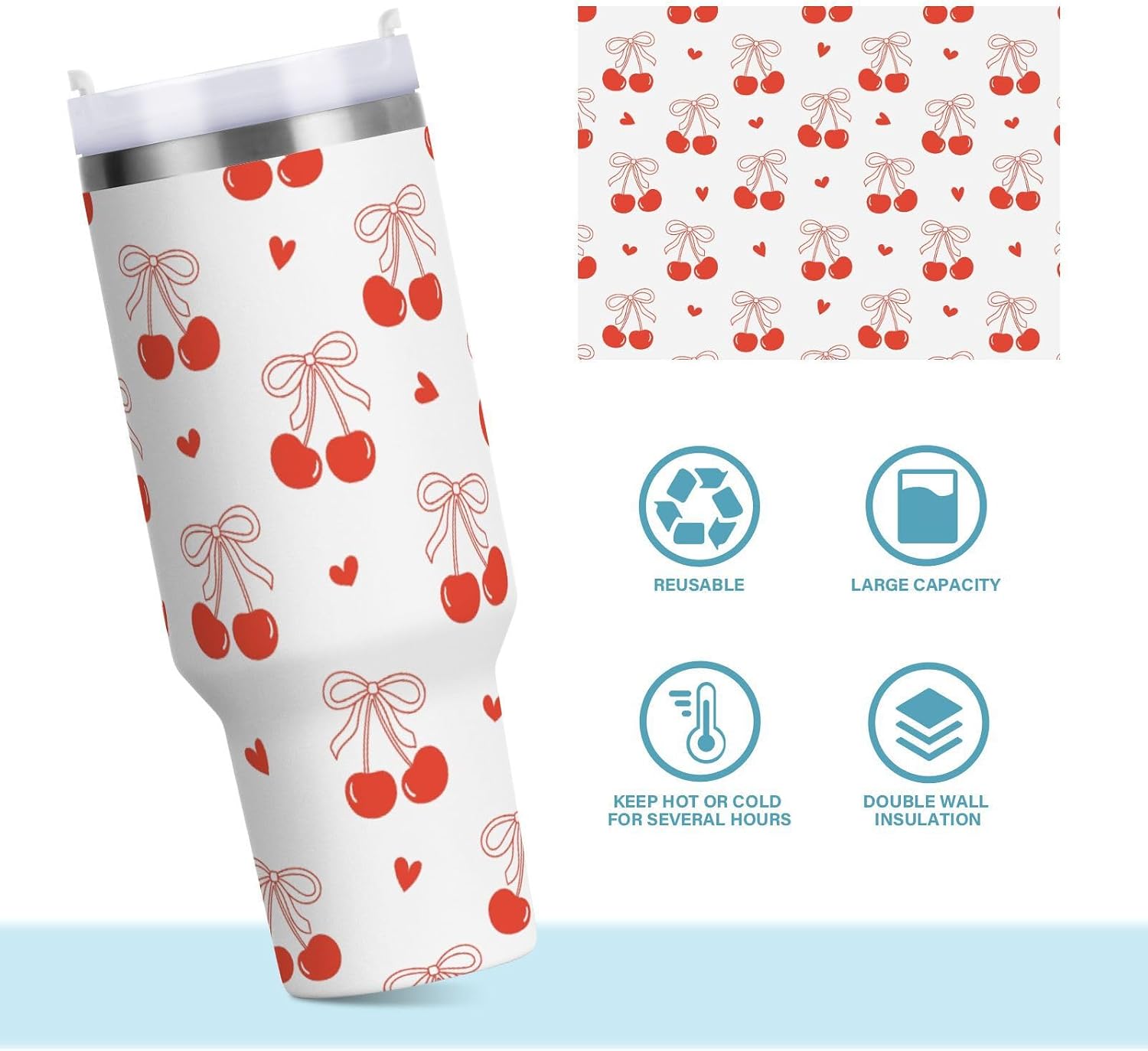 40 oz Red Cherry Bow Tumbler with Handle, Insulated Sports Water Bottle with Lid and Straw, Thermal Stainless Steel Travel Coffee Mug Cup