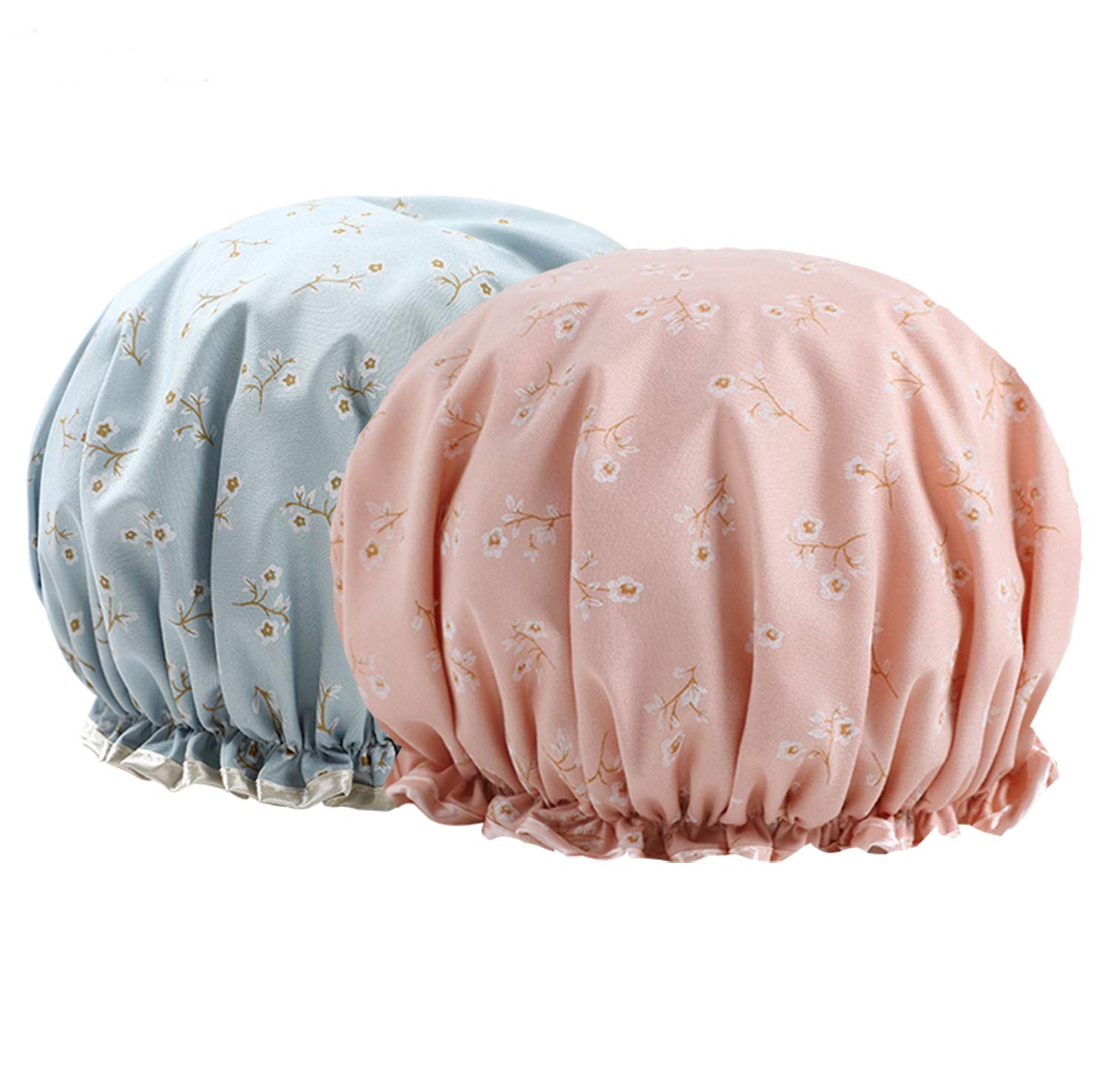 Sehfupoye 2 Packs Women Double layer Shower Cap Waterproof Elastic Bath Cap With Pattern for Women Shower Spa Salon