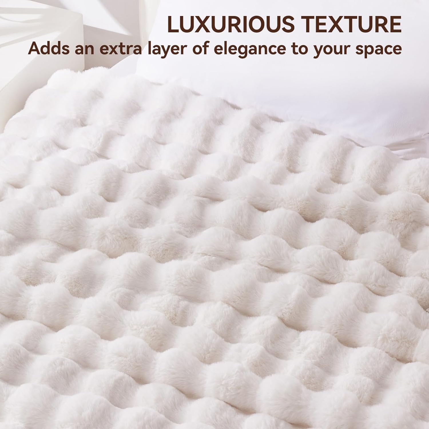 Faux Fur Throw Blanket, 1000GSM Fluffy Soft Bubble Blanket for Couch Bed, Cozy Plush Warm and Thick Blanket, Fuzzy Rabbit Throw for Living Room Bedroom 80''*90'' White - Image 5
