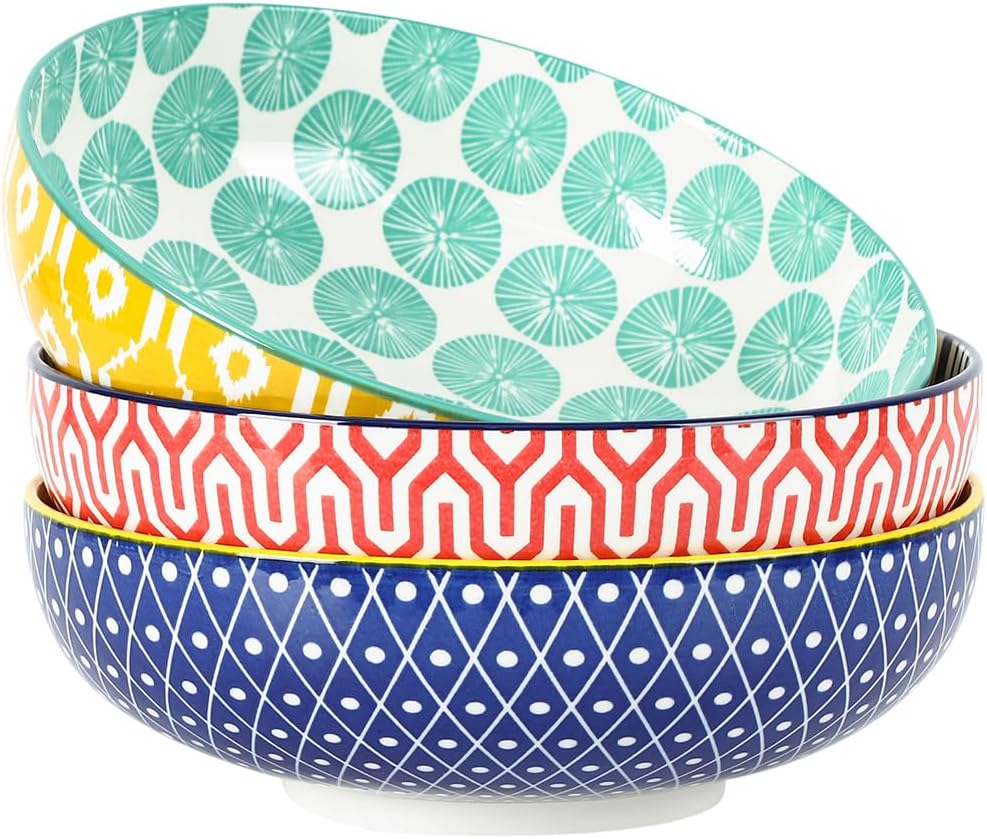 9.5" Serving Bowls, 60 OZ Large Salad Bowls Set of 3 for Entertaining Party, Ceramic Bowls for Kitchen, Pasta, Soup, Dinner, Assorted Colors