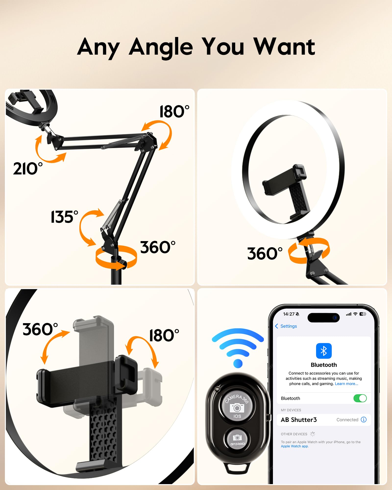 Ring Light for Desk, Overhead Phone Mount with 10" Selfie Light with Stand, Luxsure Phone Tripod with Light for Recording, Streaming, Vlogging, TikTok YouTube Creator Essentials with Bluetooth Control: Standing