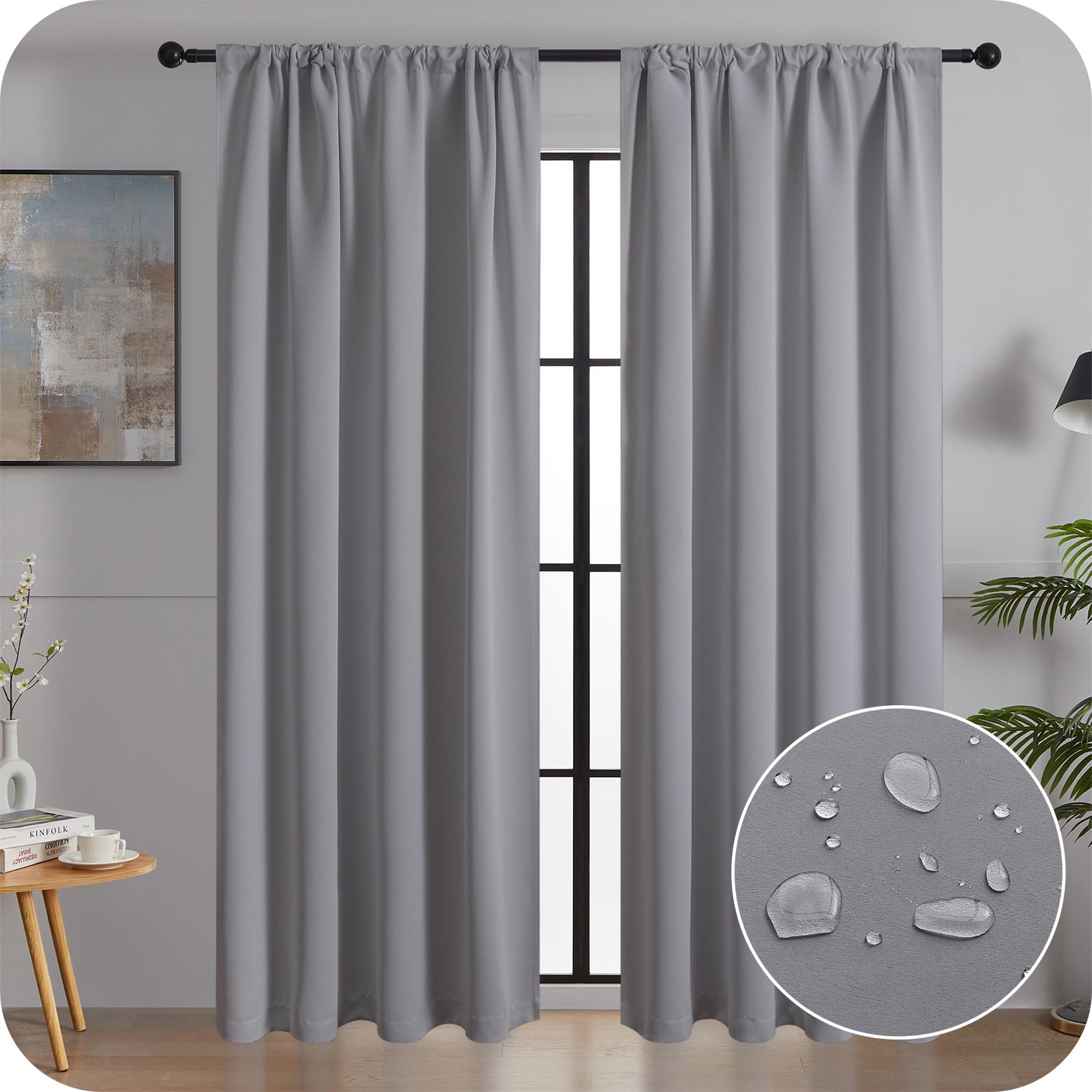 Mrtrees Blackout Curtains, Opaque Thermal Curtain, Tab-Top Curtain, Set of 2, for Living Room, Bedroom, 260 x 140 cm (H x W), Light Grey