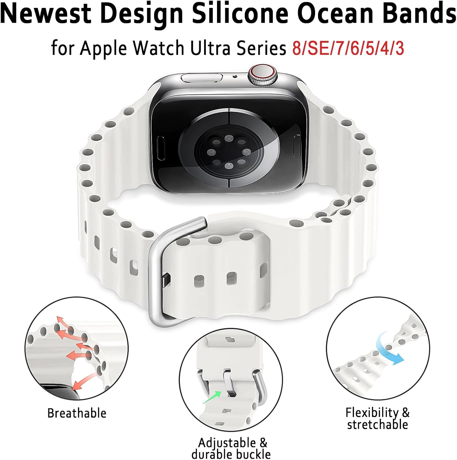 Ocean Band for Apple Watch Band 49mm 45mm 46mm 41mm 44mm 40mm 42mm 38mm Women Men,iWatch Sport Strap Silicone Breathable Bracelet Wristband for Apple Watch Ultra 3/2 Series 11 10 9 8 7 6 5 4 3 SE 3/2 - Image 2