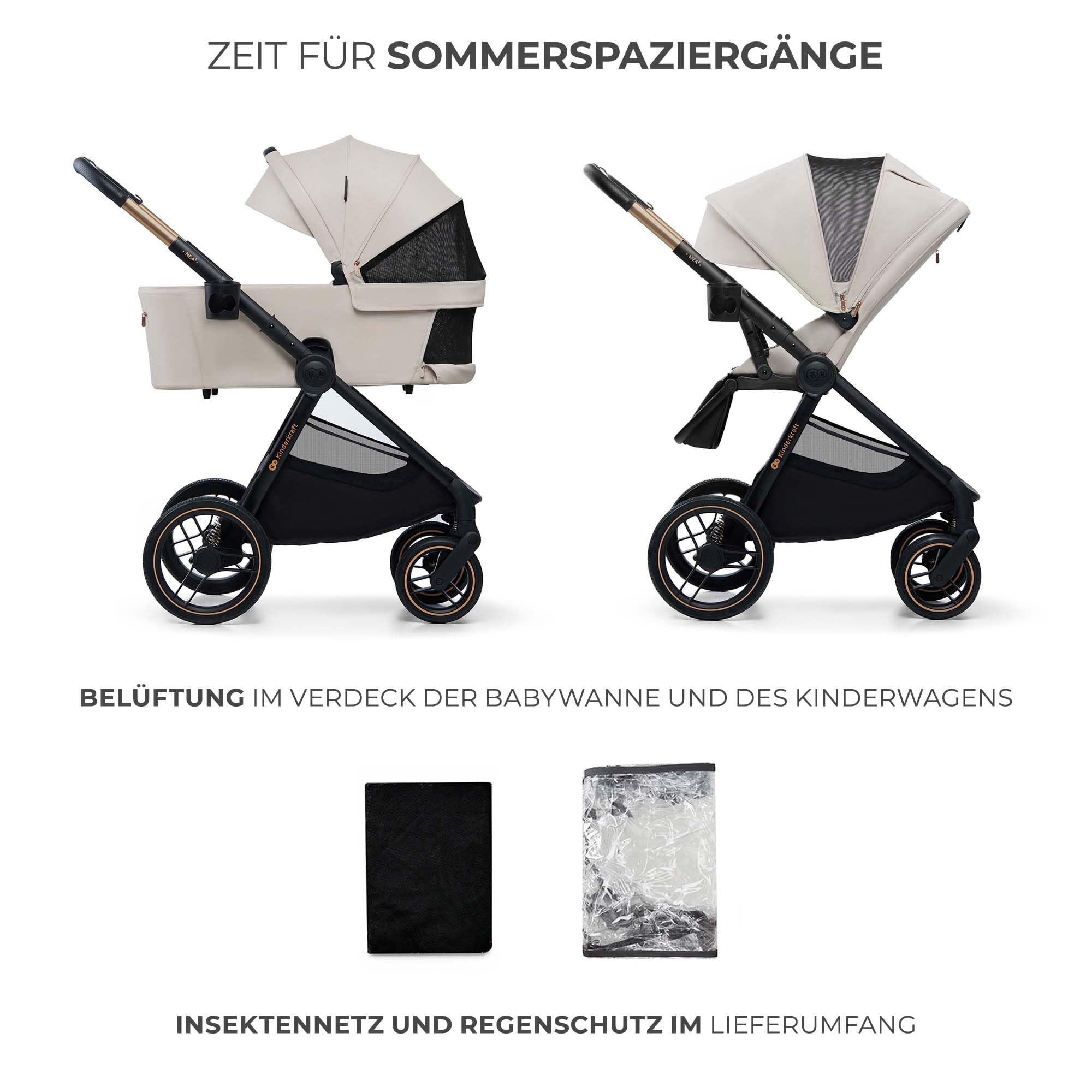 Kinderkraft NEA 2 Kinderkraft buggy von Geburt bis 22 kg, Zusammenklappen mit einer Hand, Liegeposition, großes Verdeck, alle 4 Räder gedämpft, extrem leicht, UPF50+, Korb bis zu 5 kg, Beige
