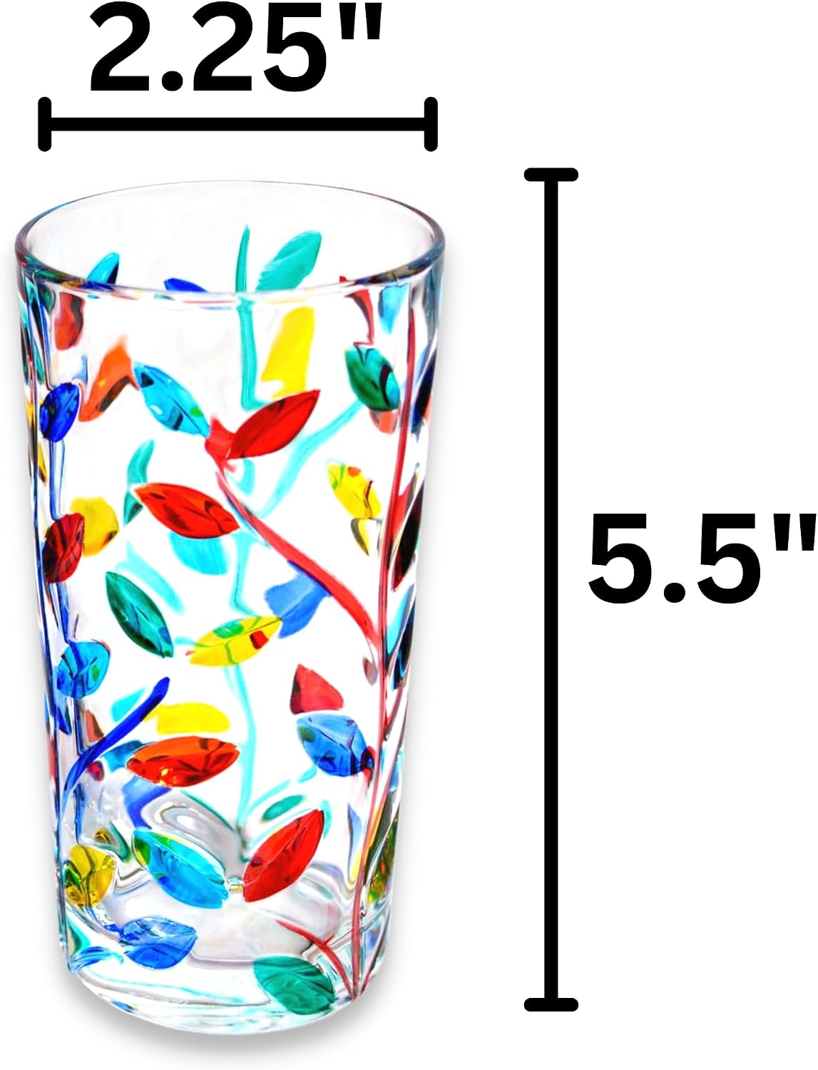 Italian Crystal Tall Drinking Glasses, SET OF 2, Flowervine Pattern, 14 oz Glasses, All Purpose Tumblers, Highball Colored Drinking Glasses, Hand-Painted, Made In Italy