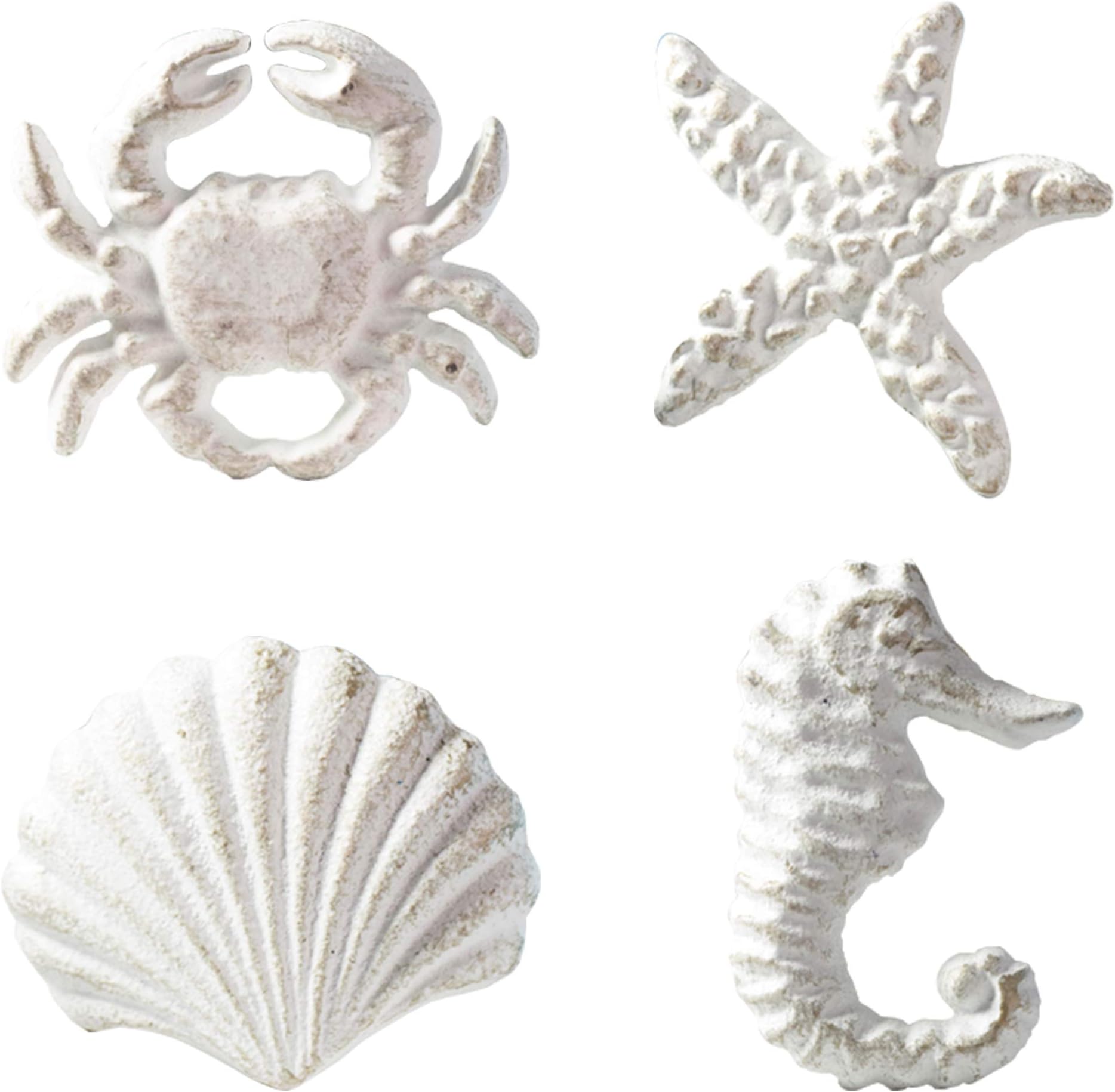 Retro Marine Style Cast Iron Drawer Handle-Kitchen Cabinet Wardrobe Closet Hardware-Pattern of Hippocampus|Starfish|Crab|Scallop (4, White)