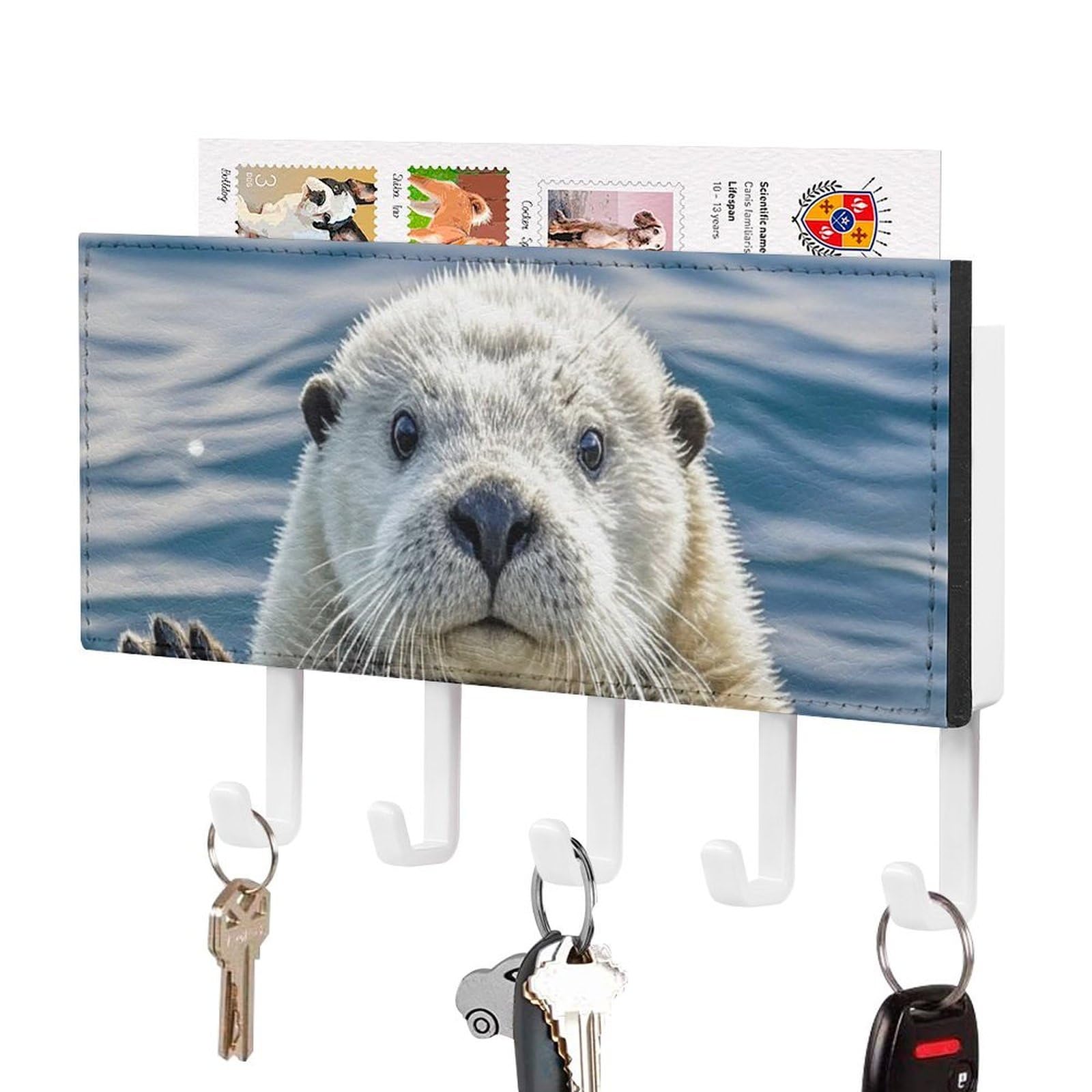 FekiLoot Sea Otter Key Holder Wall Mount Key Hanger with 5 Hooks Decorative Key Rack Hanging Key Hooks with Mail Organizer Key Holder for Wall Living Room Kitchen Bathroom Hallway White