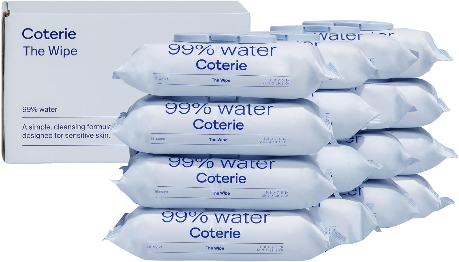 Coterie Baby Wipes for Sensitive Skin, Plant-Based and Plastic-Free Fibers, 99% Water, Hypoallergenic, pH Balanced, Unscented, Clean and Gentle Baby Essentials, 16 Pack, 896 Count