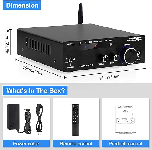 Miniatura 9 de AEXCVG Amplificador de audio estéreo de alta fidelidad, receptor estéreo Bluetooth 5.0 AK-3116, 2.0 canales 100 W x 2 mini amplificador Bluetooth