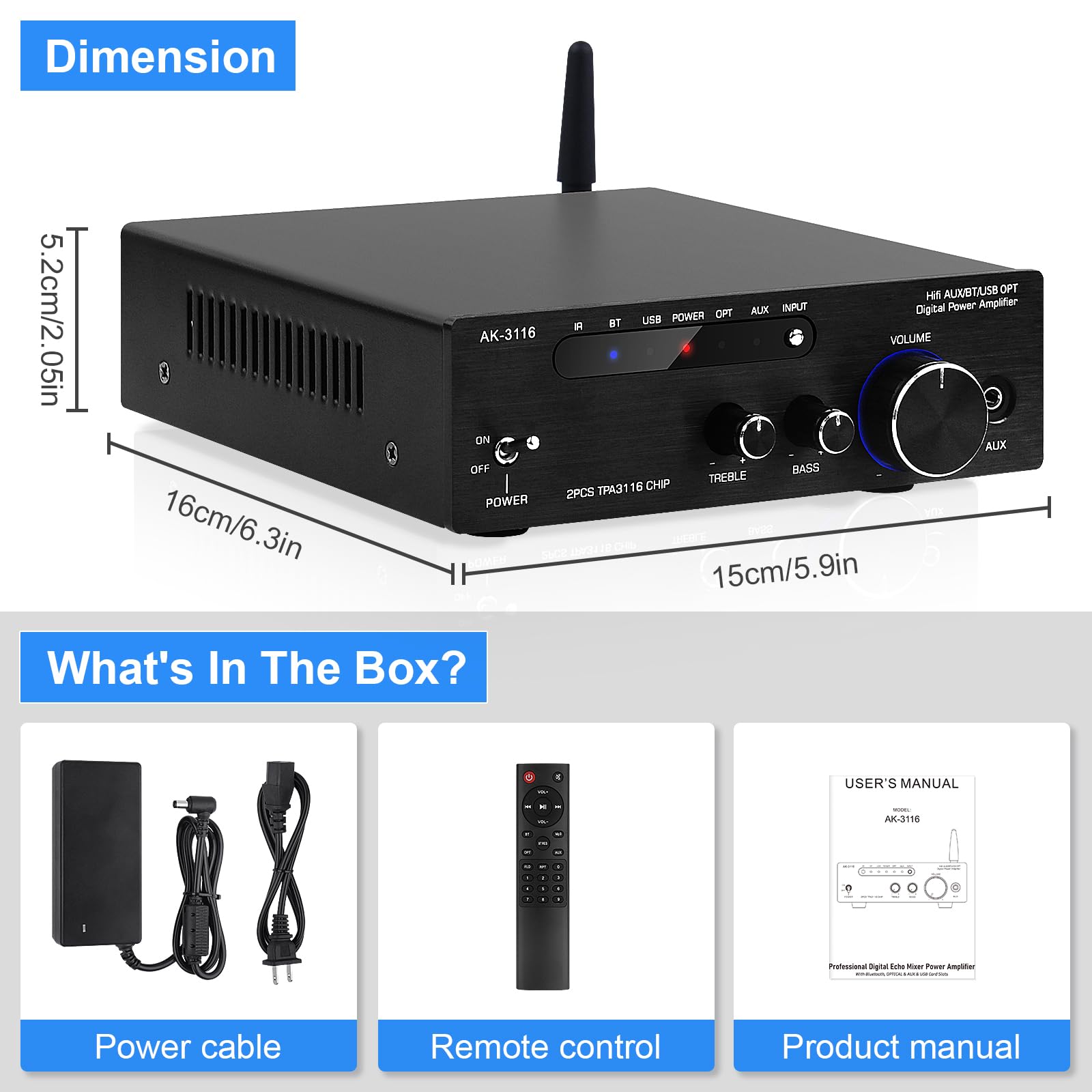 Wzmacniacz HiFi z Bluetooth 5.0, AK-3116 Mini Stereo wzmacniacz audio | 2.0-kanałowy 100 W x 2 odbiorniki cyfrowy wzmacniacz mocy klasy D z chipem TPA3116, USB, AUX, wejście BT