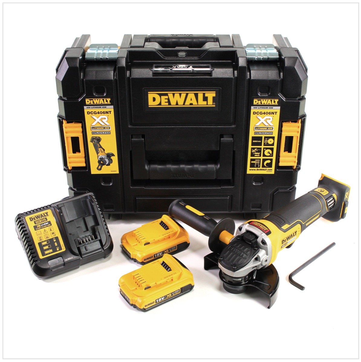 Dewalt DCG 406 D2 18 V 125 mm bezszczotkowy akumulator szlifierka kątowa + 2 x bateria 2 Ah + ładowarka im TSTAK walizka narzędziowa