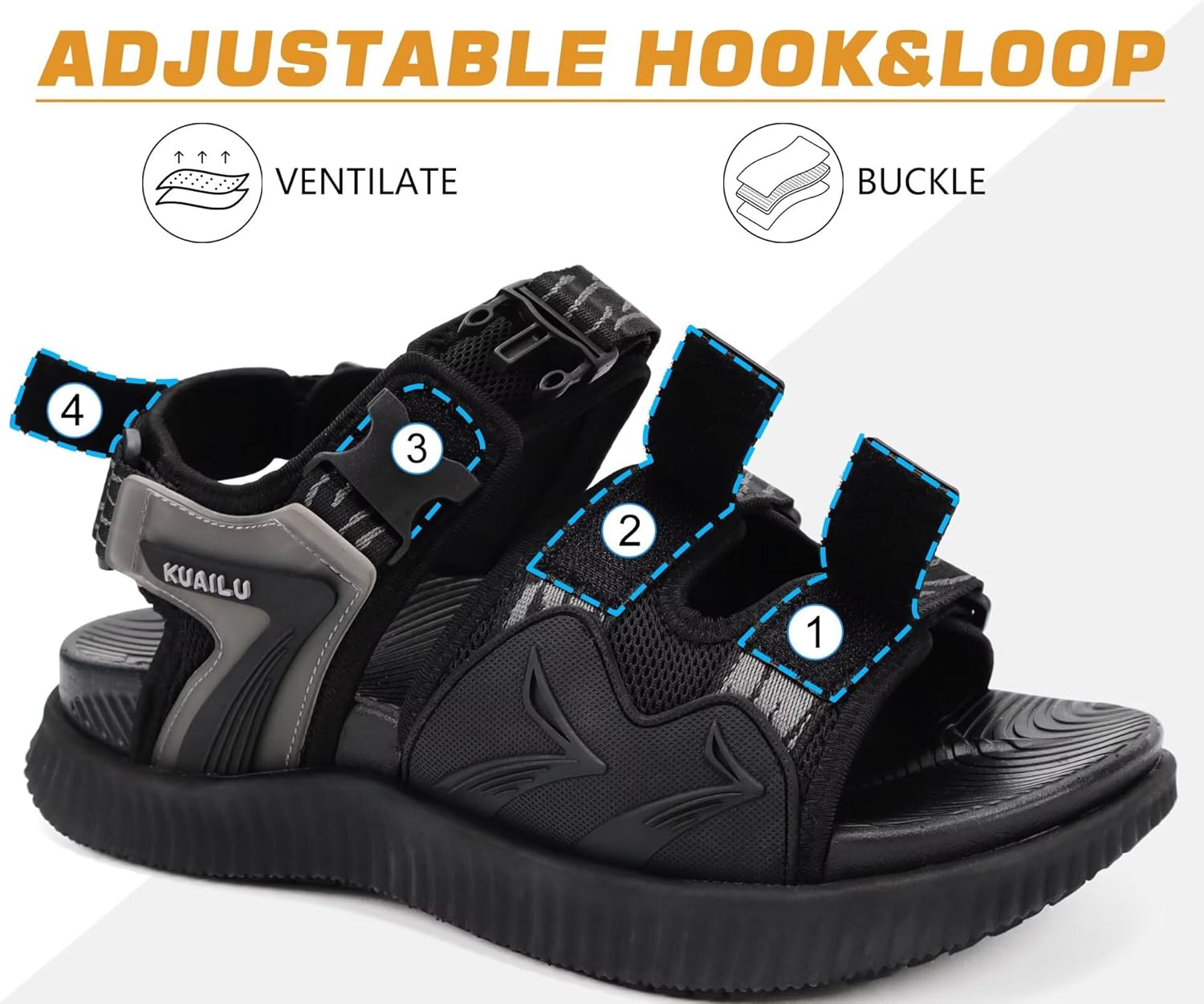 KuaiLu Mens Hiking Sandals with Arch Support Orthopedic Walking Recovery Sandals for Plantar Fasciitis Open Toe Summer Athletic Sport Comfortable Cushion Breathable Outdoor Water Sandals Size7-13 - Image 6