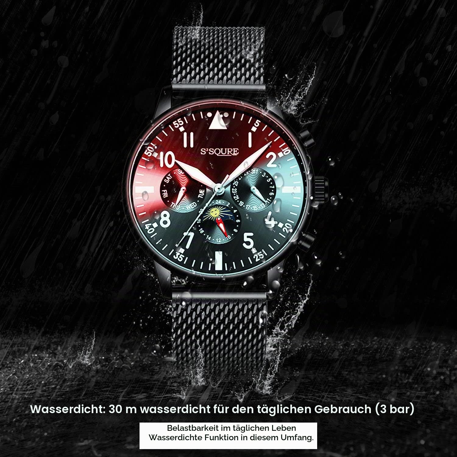 Gute Herrenuhr, automatische mechanische Armbanduhr, schwarz analog, Datum, Edelstahl. S-Armband, Sportuhren, Geschenk