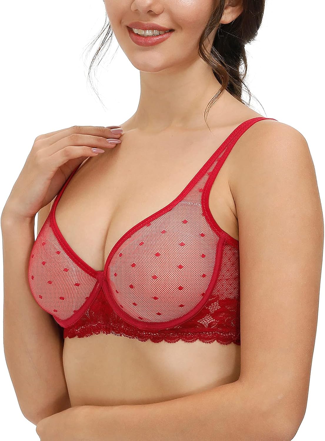 Mesh See Through Unlined Sheer Bra Full Coverage Lace Bralette for Women - Image 2
