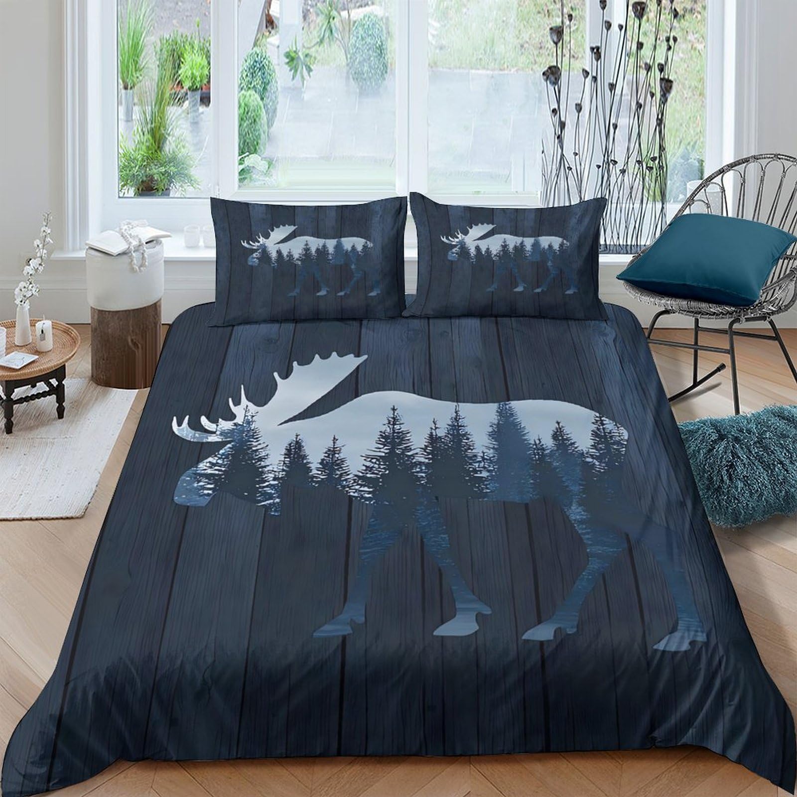 Ctjqhvkz Style-10 3D Printed Moose Forest Fitted Sheet Microfiber Breathable Blue Animal Bed Cover For Bedroom Guest Room Decor Single（135X200cm）
