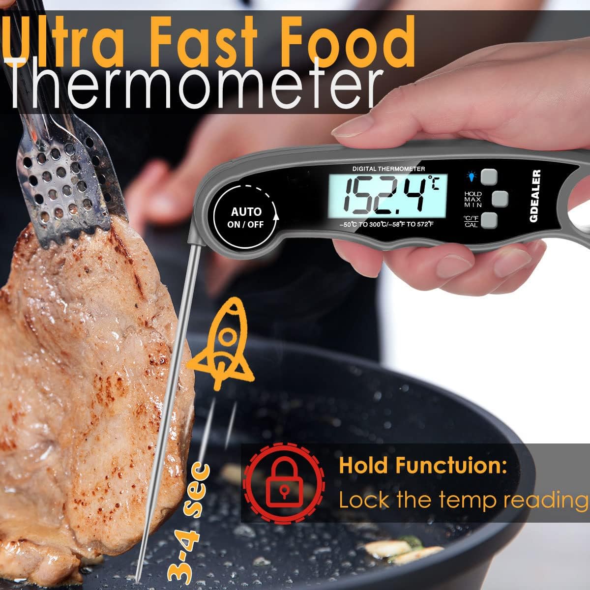 Termómetro Profesional De Cocina – Digital Y Resistente Al Agua IP67, Con Sonda De Lectura Instantánea Y Pantalla LCD Retroiluminada