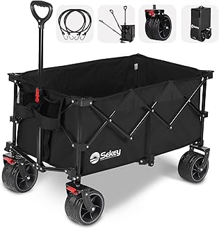 Sekey 220L Collapsible Foldable Wagon with 330lbs Weight Capacity, Heavy Duty Folding Utility Garden Cart with Big All-Terrain Beach Wheels & Drink Holders. Black