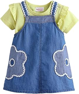Hopscotch Floral Applique Ruffled Cotton Denim A-Line Dress for Ages (6-9 Months) Price In India