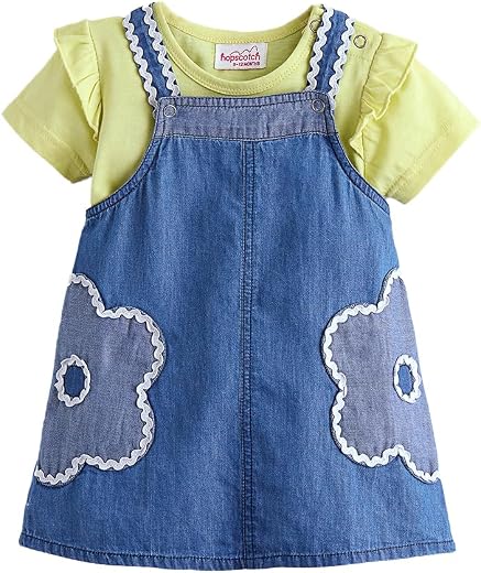 Hopscotch Floral Applique Ruffled Cotton Denim A-Line Dress for Ages (6-9 Months)