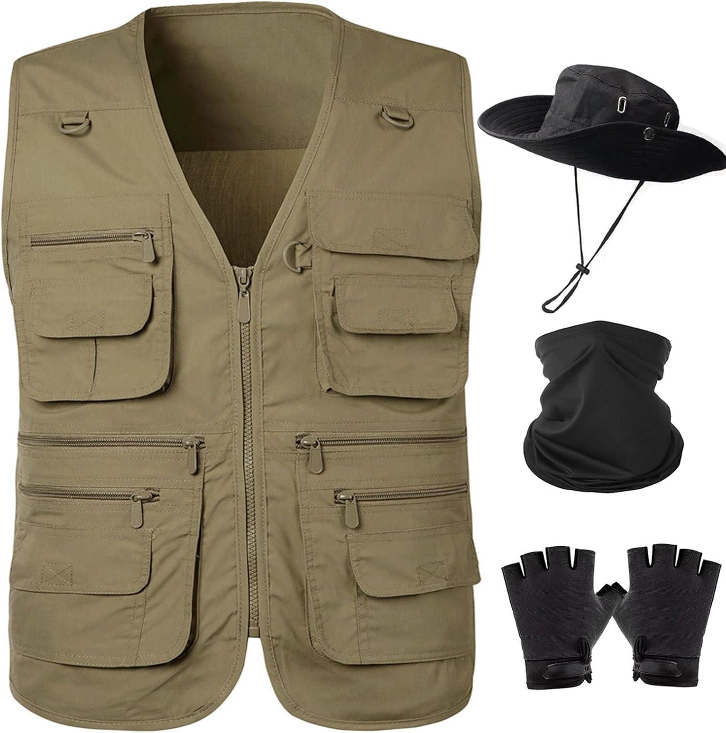 HUNTURE Fishing Vest,Pocket Travel Vest and Hat Gloves Neck Gaiter for Safari Hiking,Lightweight Work Cargo Vest for Men
