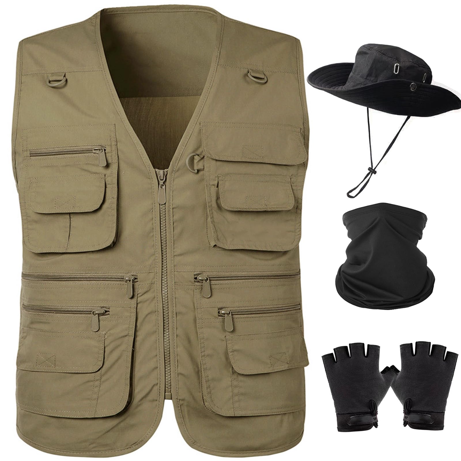 HUNTURE Fishing Vest,Pocket Travel Vest and Hat Gloves Neck Gaiter for Safari Hiking,Lightweight Work Cargo Vest for Men