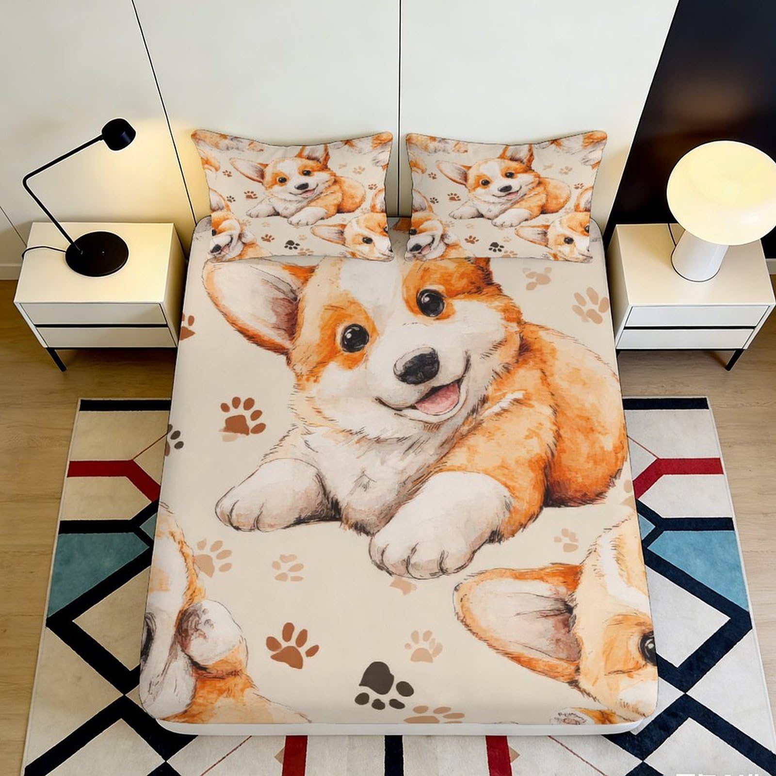 3D Printed Corgi Dog Fitted Sheet Microfiber Soft Breathable Paw Prints Bed Cover for Bedroom Dormitory Guest Room Mattress Protection Decor 160x200x25cm