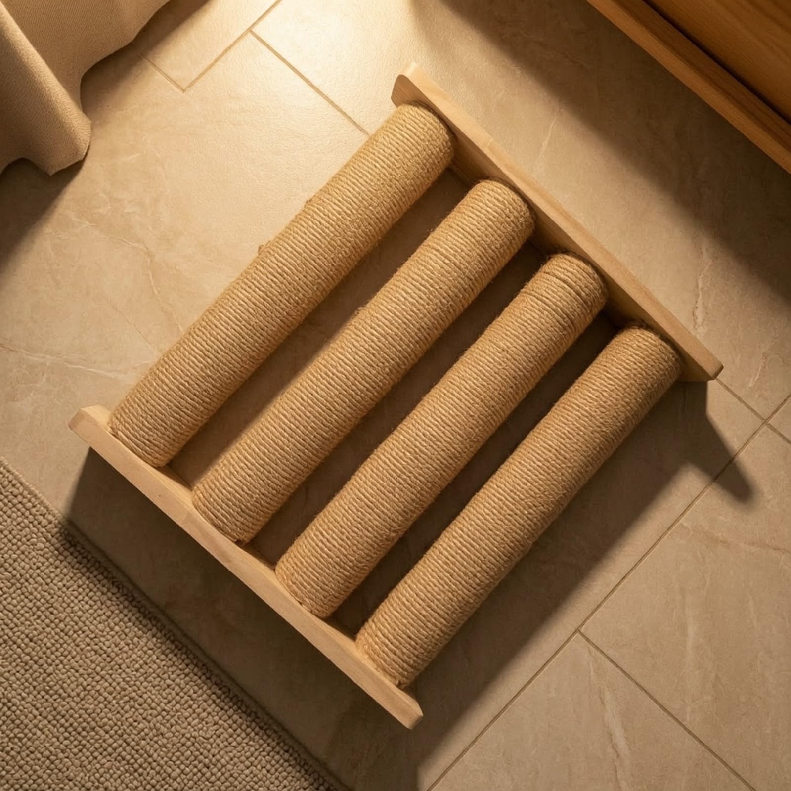 Rastrelliera in Legno con Corda di Sisal Antitraccia Igienico per Casa, Legno 40CM 4, Corda 53CM 6MM