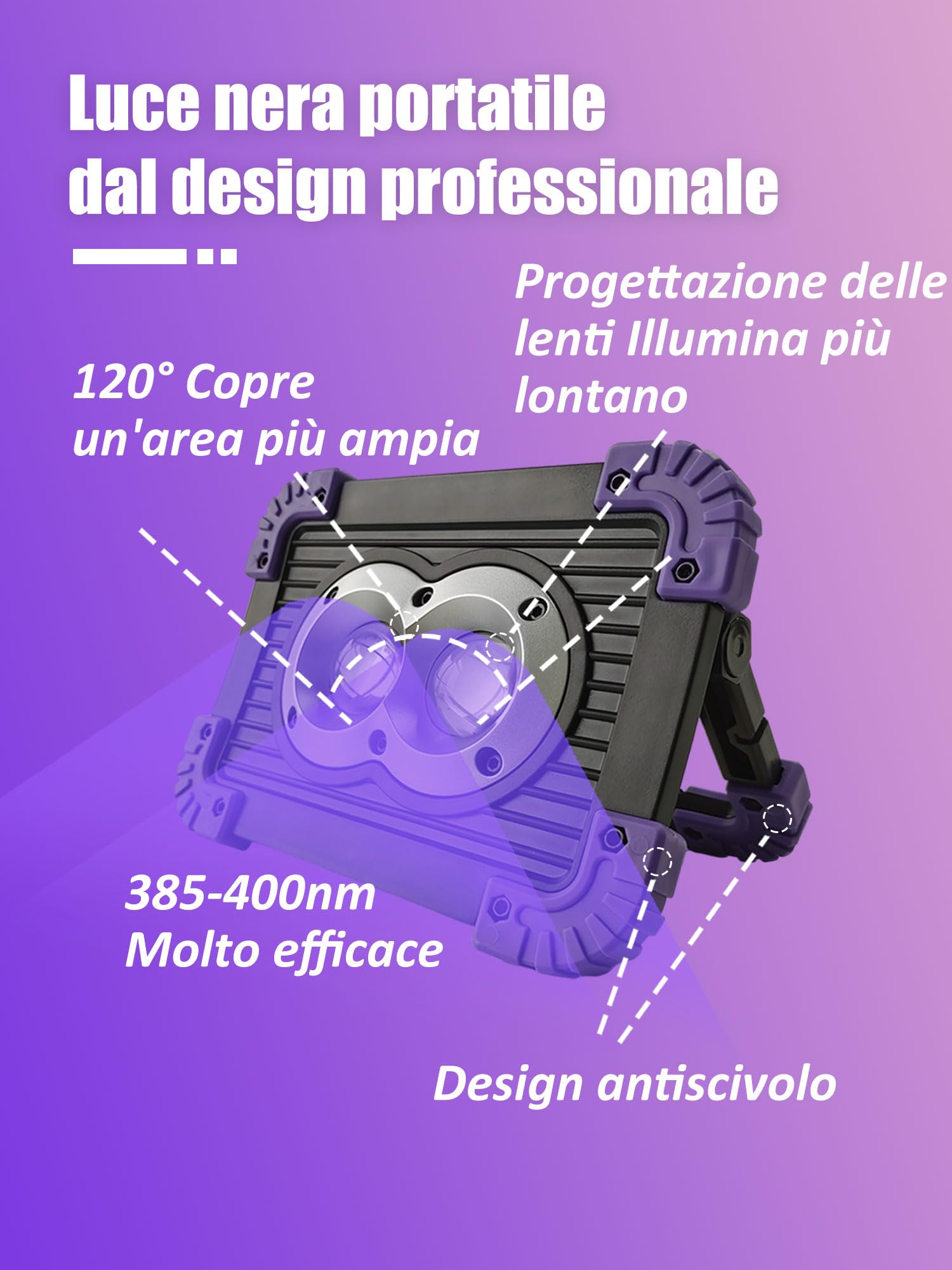 Lichaser 1 Pack Rechargeable Portable Lumière Noire LED, 395nm UV Lampe Ultraviolet 30h Alimentée par Batterie, LED Black Light Sans Fil, Projecteur Ultraviolet Sans Fil pour Soiree Fluo