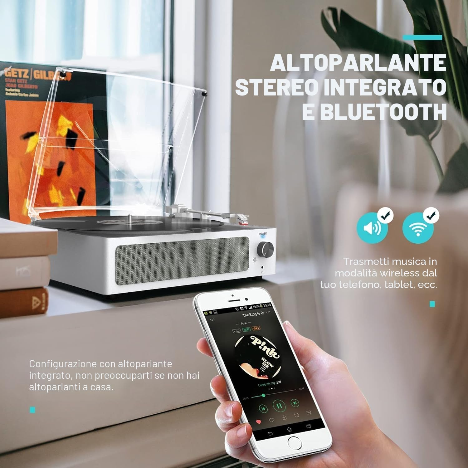 Trynnay Giradischi con altoparlante in vinile, fonografo LP senza fili, con altoparlanti stereo incorporati, trasmissione a 3 marce, giradischi con altoparlanti, retro bianco