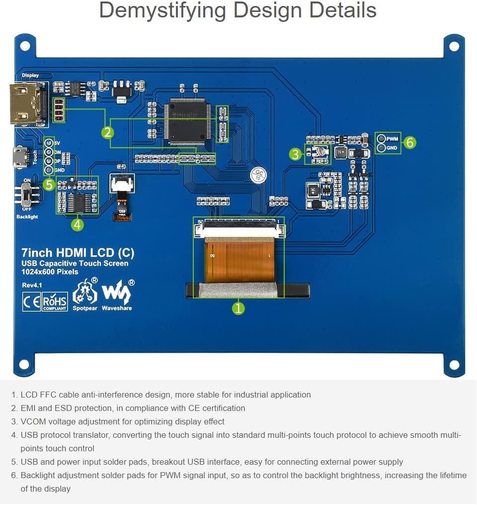 Деталдаштырылган view of the Waveshare 7-inch HDMI LCD (C) circuit board highlighting design features