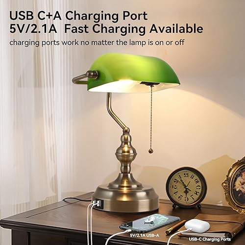 Miniatura 2 de Lámpara de escritorio de banquero de cristal verde, lámparas antiguas de escritorio de banquero, lámpara tradicional de biblioteca con puerto de