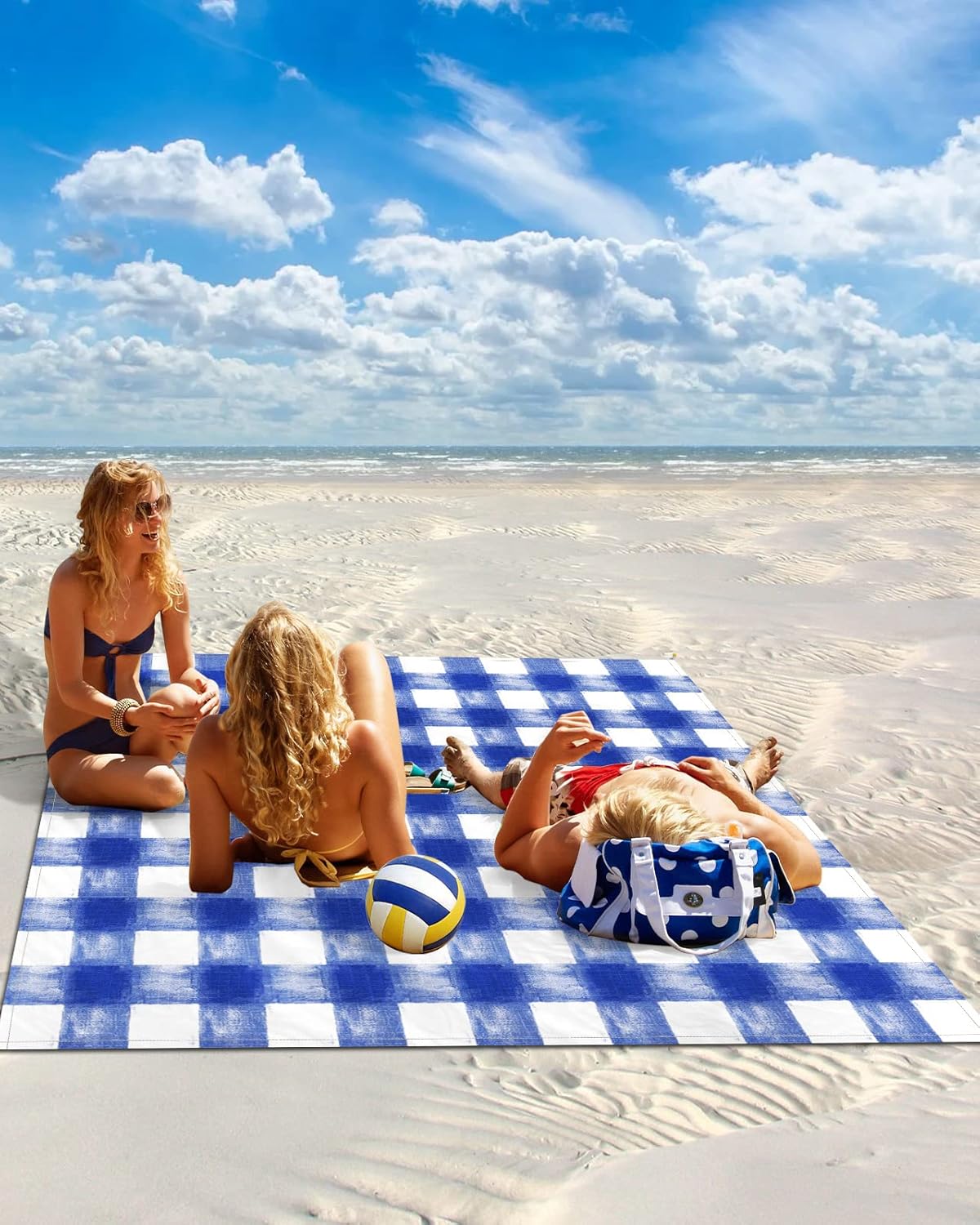 Watercolor Farmhouse Style Plaid Beach Blanket Waterproof Sandproof Outdoor Picnic Mat 83"x79" Art Paint Buffalo Check Lightweight Large Beaach Blankets with 4 Stake & 4 Corner Pockets