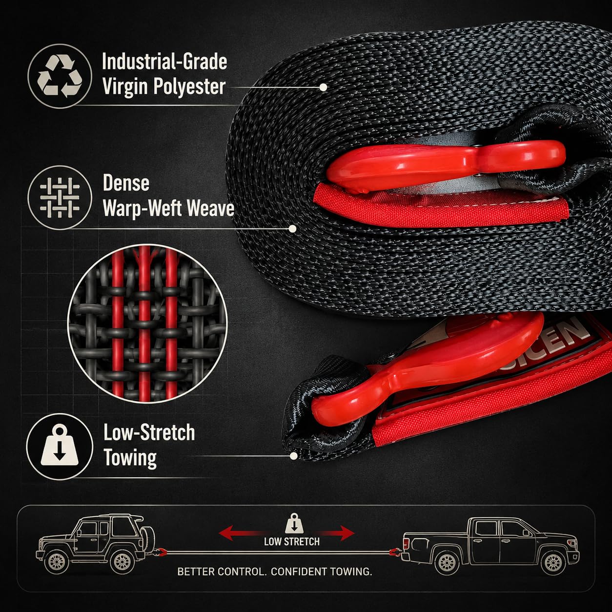 Cinghia di traino con ganci, 5,1 cm x 20 m, 5,443 kg, resistenza alla rottura, di emergenza, resistente, capacità di traino, ganci in acciaio forgiato, per auto, camion, Jeep, ATV, SUV, recupero su