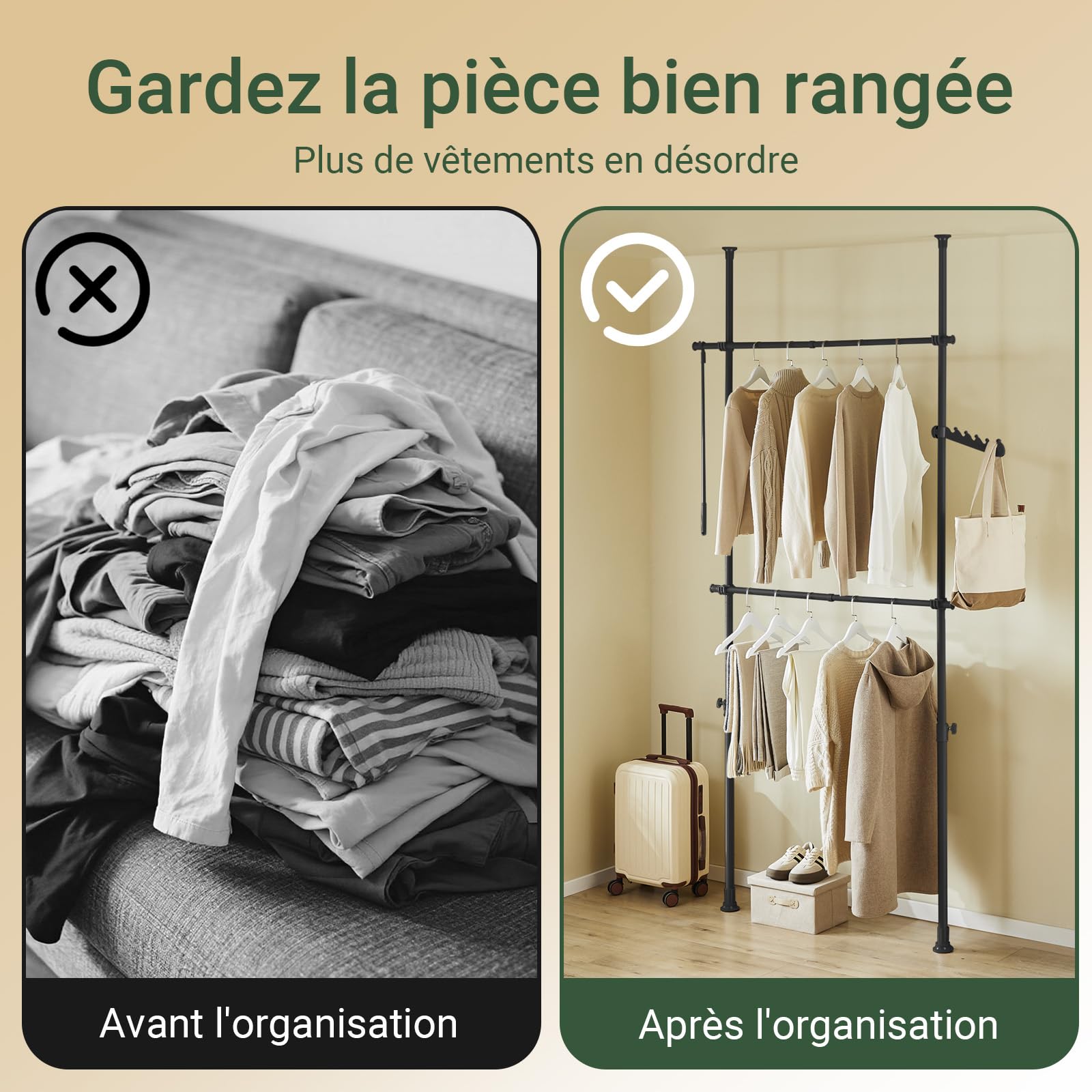 SoBuy Tringle à Vêtements Télescopique robuste pour dressing | Portant à vêtements réglable avec barres de suspension, rangement chambre, Noir FRG109-II-SCH